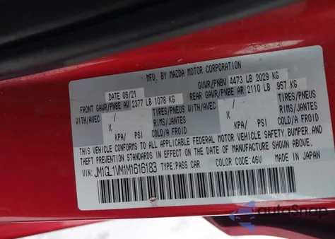 2021 Mazda Mazda6 Touring z USA, uszkodzony, nr VIN JM1GL1VM1M1616183